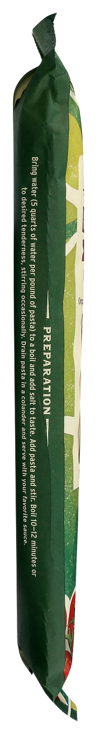 Kosher and non-GMO certification seal on pasta packaging.