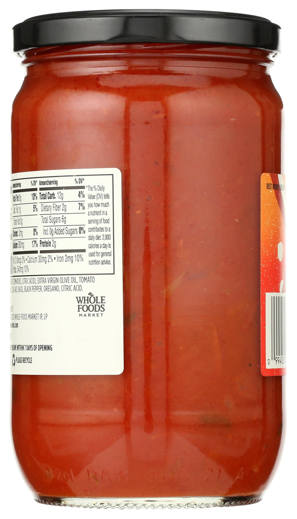 Whole Foods Market marinara sauce label highlighting Non-GMO and no sugar added