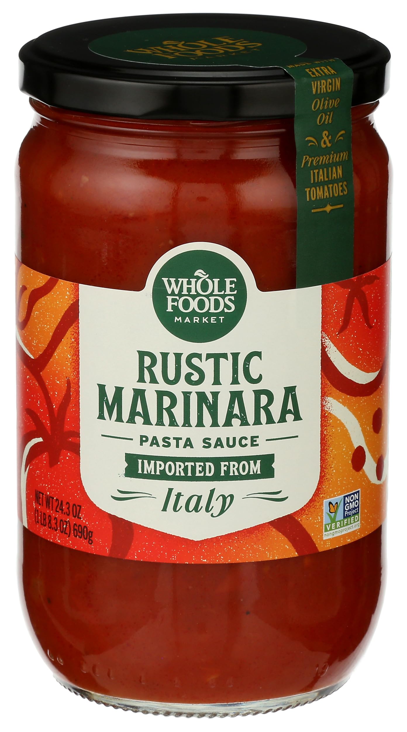 Whole Foods Market marinara sauce jar with traditional Italian pasta recipe