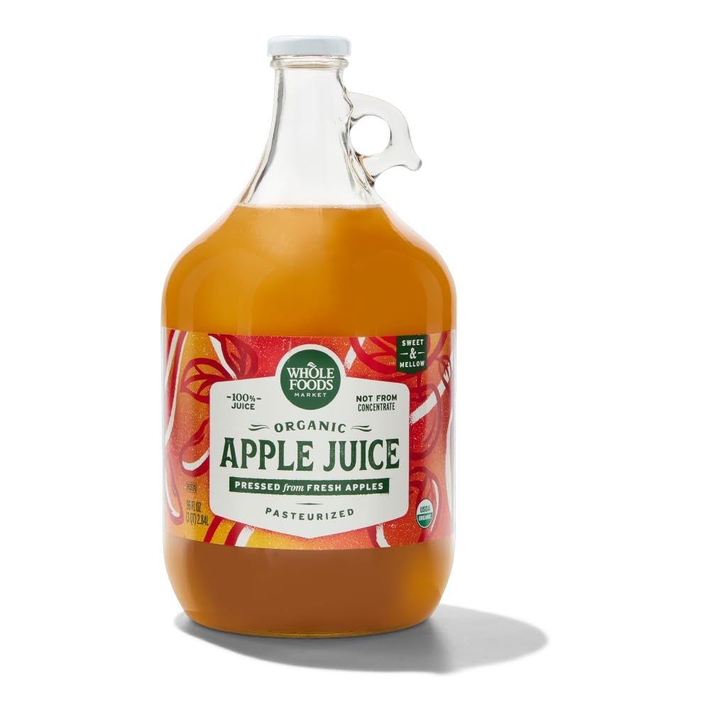Whole Foods Market Organic Apple Juice bottle, ideal for family breakfasts and on-the-go hydration.