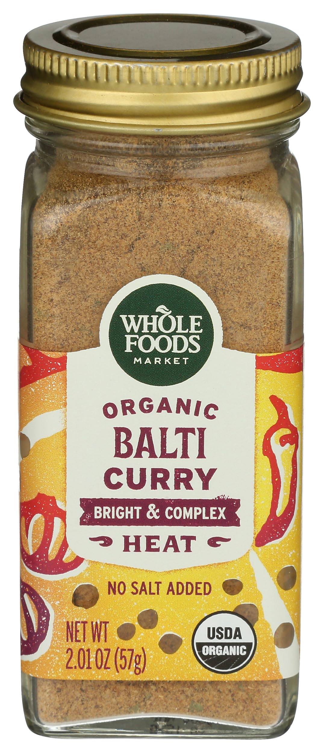 Whole Foods Market Organic Balti Curry Seasoning jar label for quick flavorful curries.