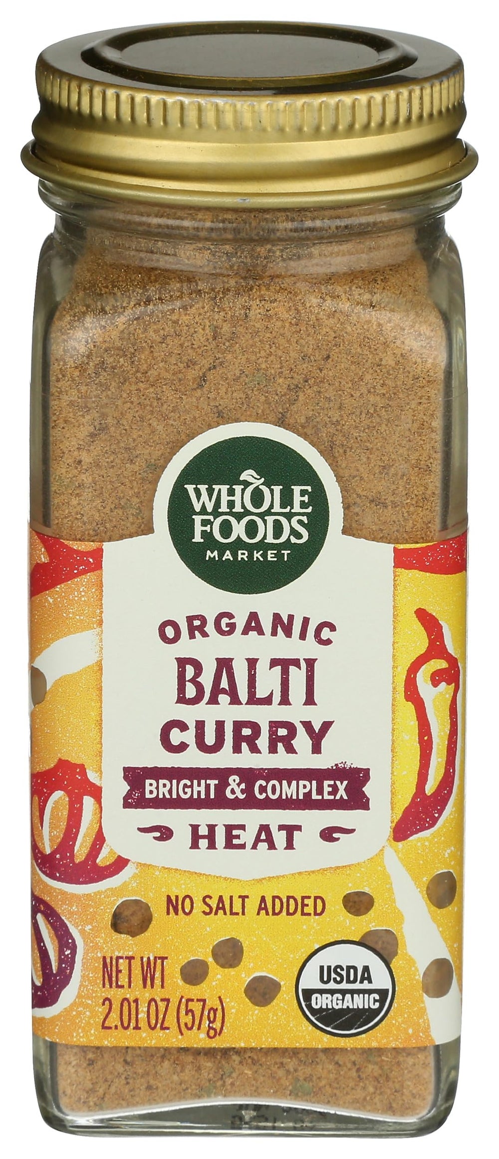 Whole Foods Market Organic Balti Curry Seasoning jar label for quick flavorful curries.