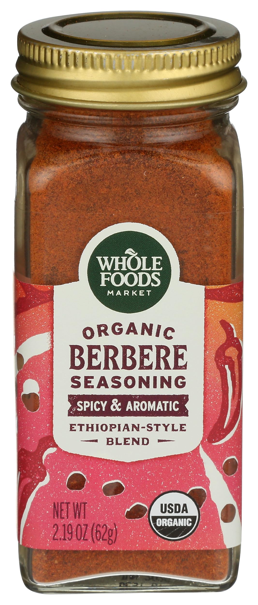 Whole Foods Market Organic Berbere seasoning jar enhances rich, aromatic meals.