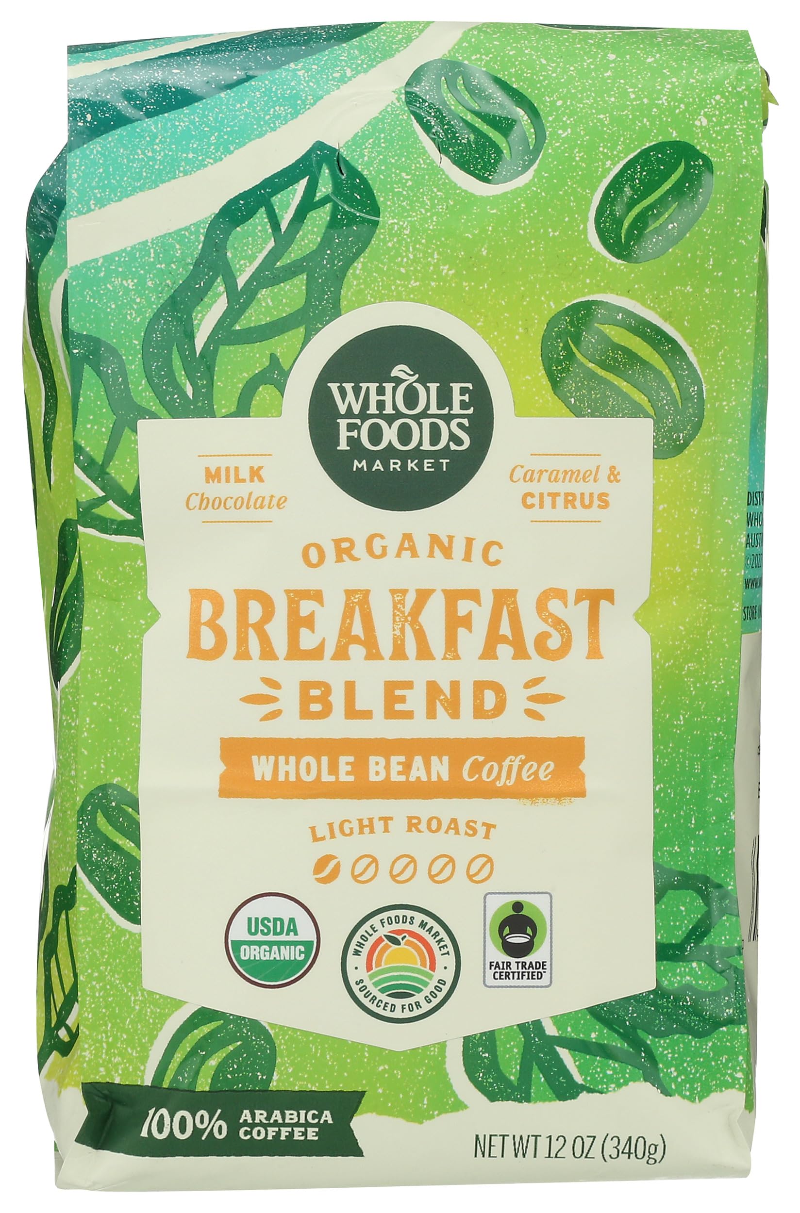 Whole Foods Market Organic Breakfast Blend bag highlighting premium beans for a bright morning aroma.
