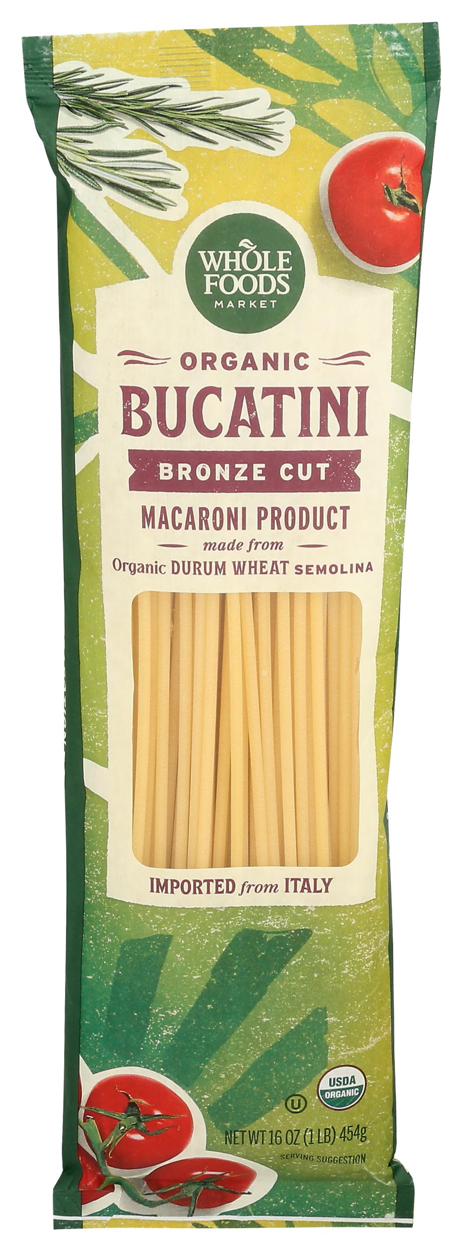 Whole Foods Market Organic Bucatini 16oz package highlighting premium durum wheat for hearty pasta.
