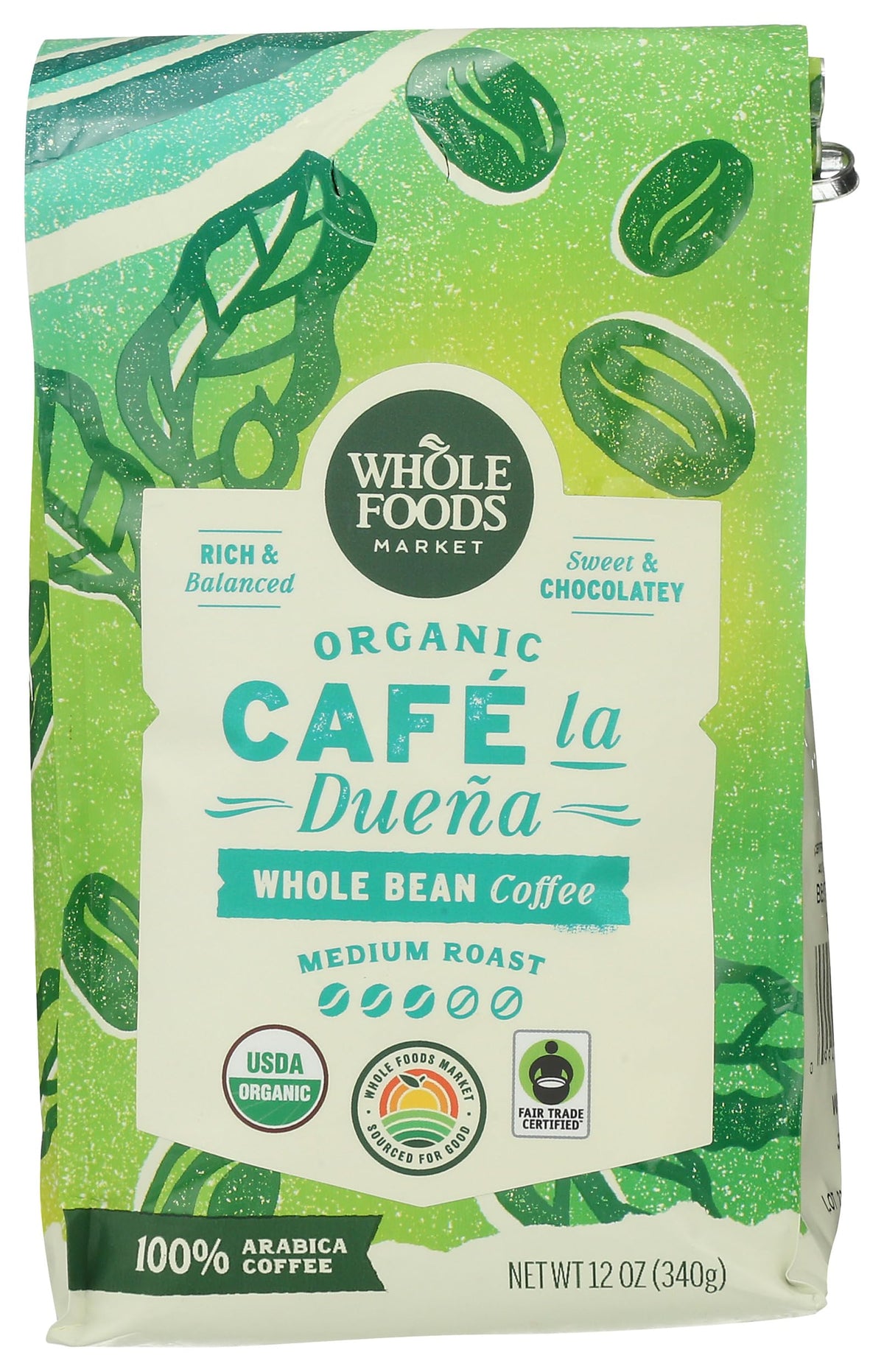Whole Foods Market Organic Café La Duena coffee bag with rich medium roast beans for a balanced cup.