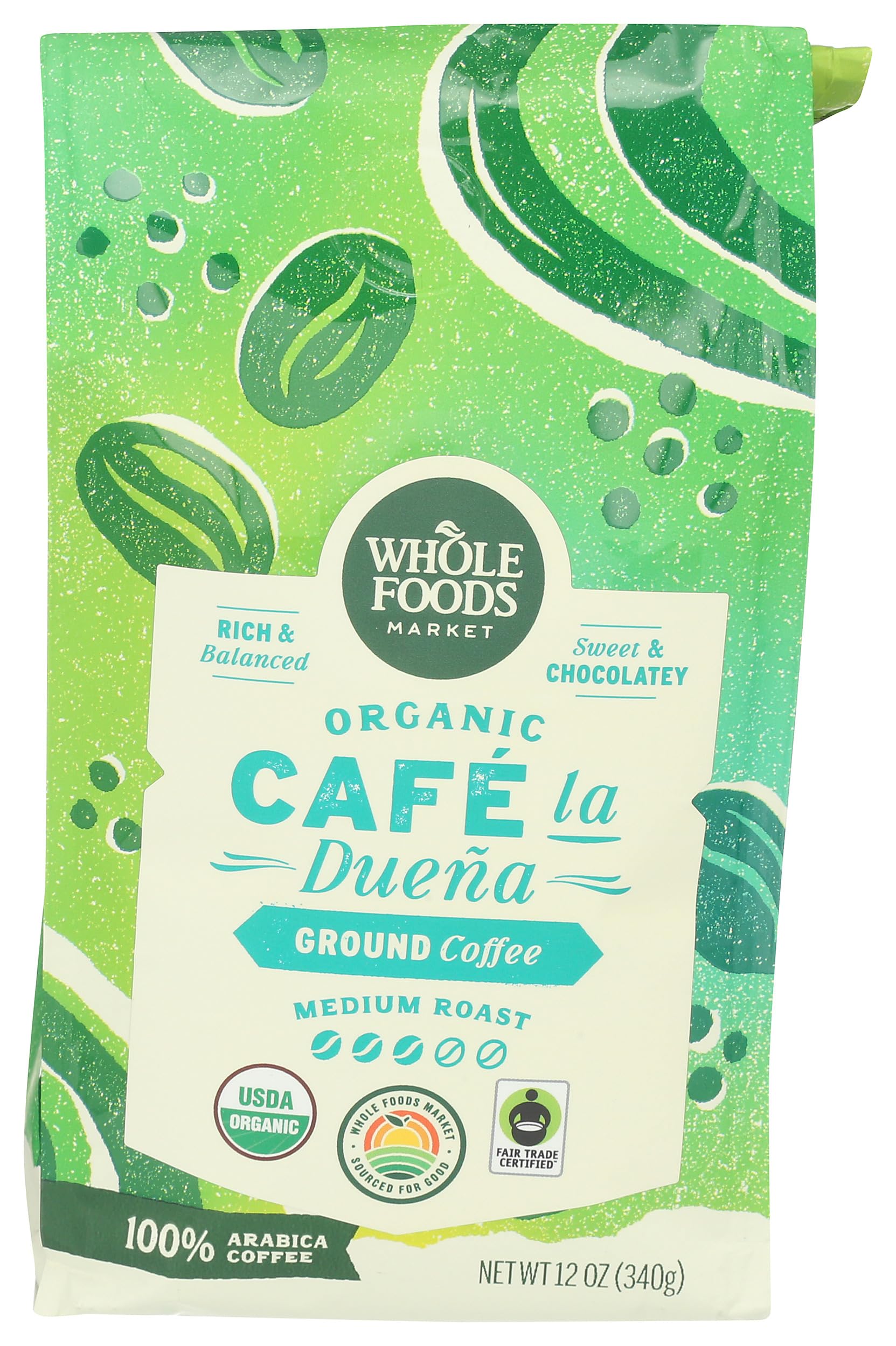 Whole Foods Market Café La Duena Organic Ground Coffee bag showing rich chocolate notes for daily brewing