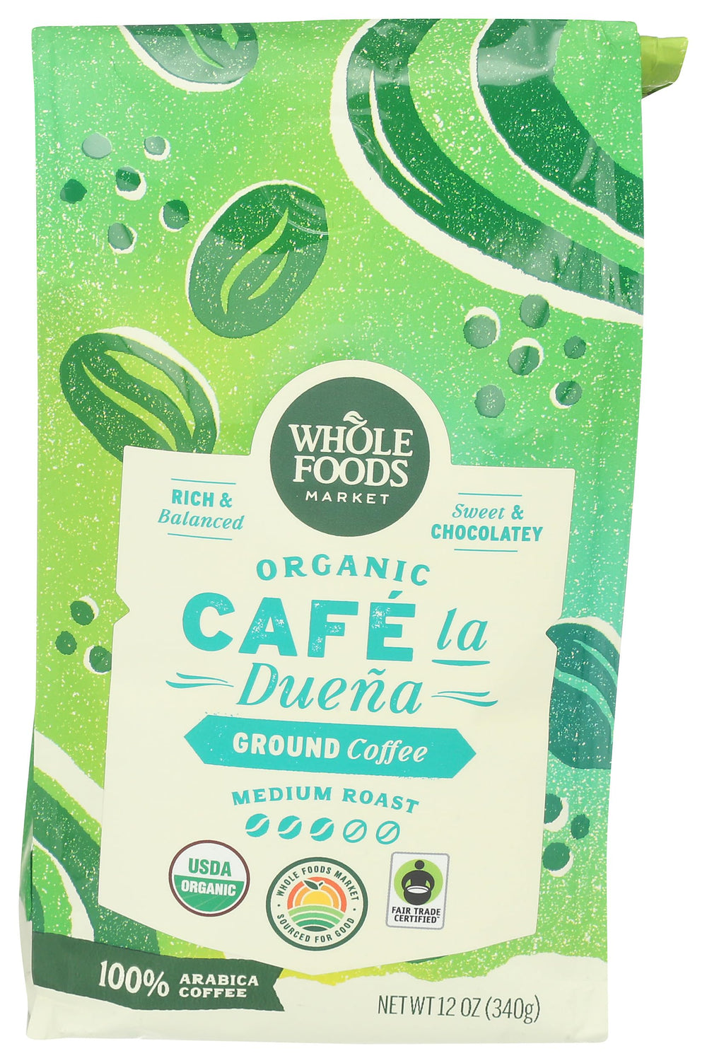 Whole Foods Market Café La Duena Organic Ground Coffee bag showing rich chocolate notes for daily brewing