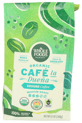 Whole Foods Market Café La Duena Organic Ground Coffee bag showing rich chocolate notes for daily brewing