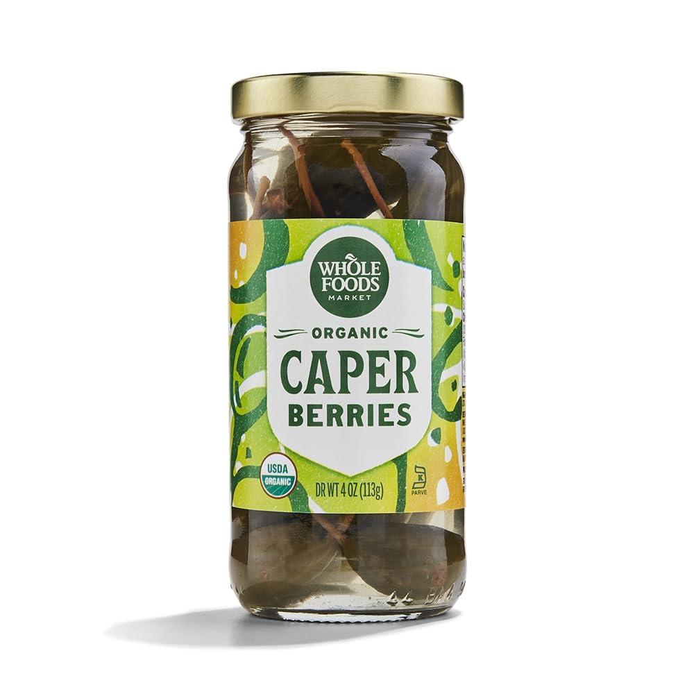Whole Foods Market organic caper berries in a jar with brine for fresh flavor