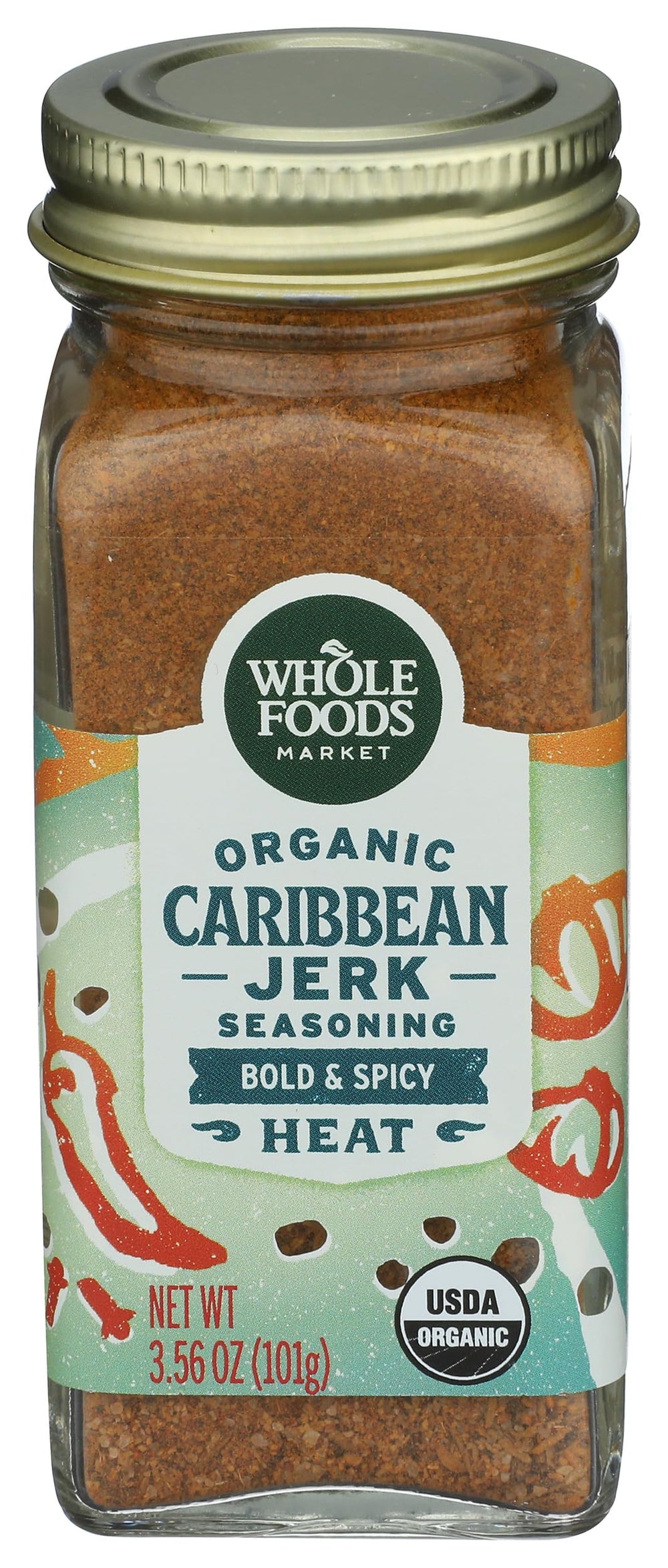 Whole Foods Market Caribbean jerk spice blend jar adds bold, versatile flavor to meals.