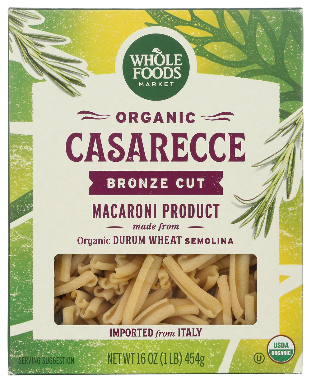 Whole Foods Market Organic Casarecce packshot highlighting bronze-cut pasta for rich sauces.