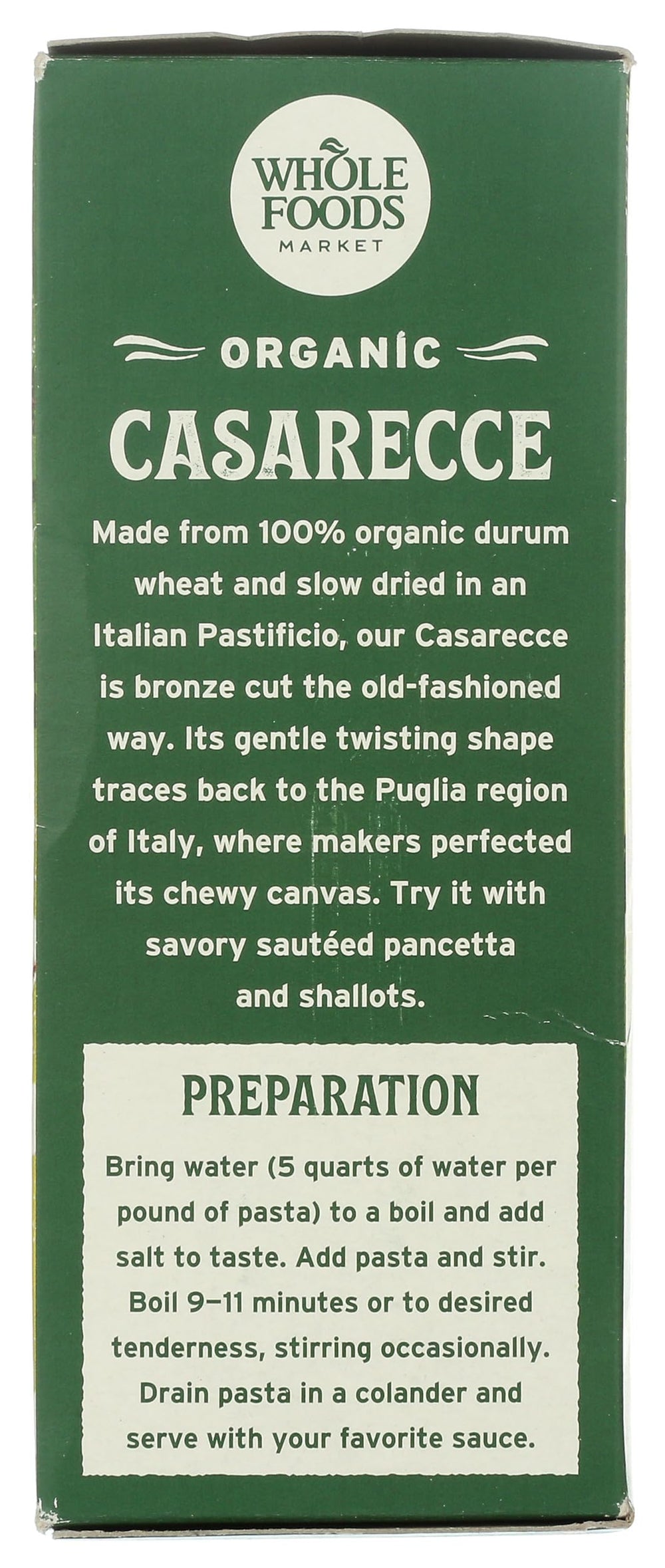 Whole Foods Market Organic Casarecce cooking-ready setup suggests versatile use.
