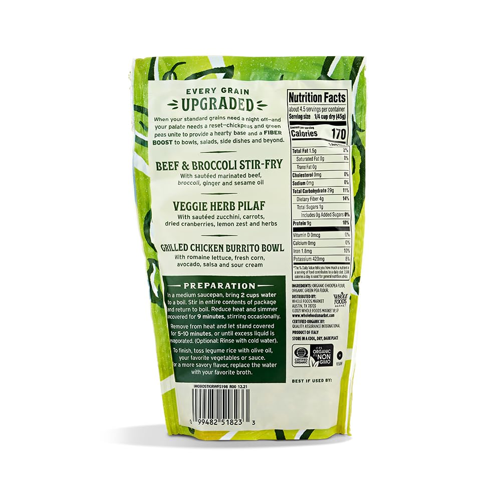 Chickpeas and green peas closeup from Whole Foods Market Organic Chickpea & Green Pea Rice Alternative, plant-based protein.