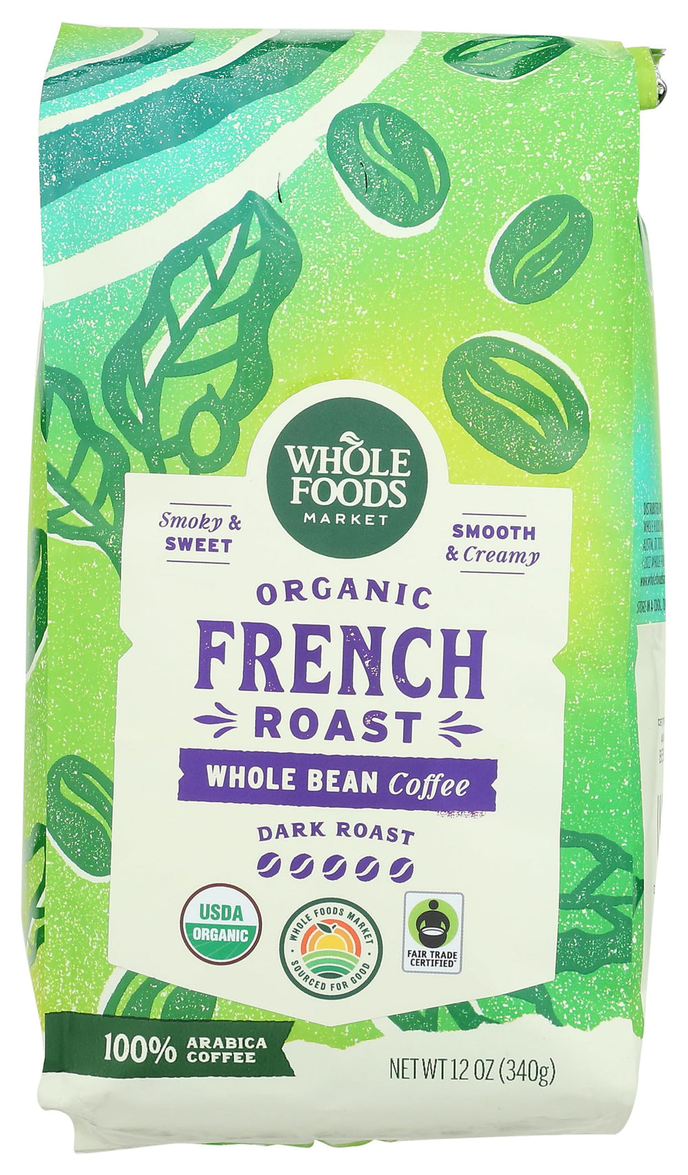 Whole Foods Market Organic Dark French Roast coffee beans in a bag for bold morning flavor