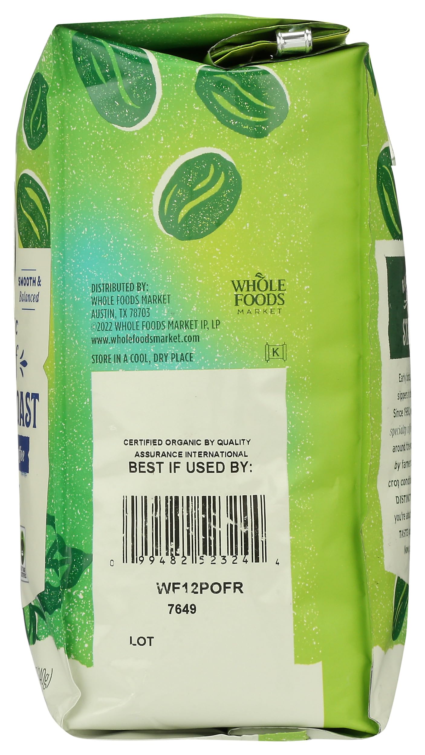 Sealed 12-ounce bag preserves freshness for Whole Foods Market Organic Decaf Coffee