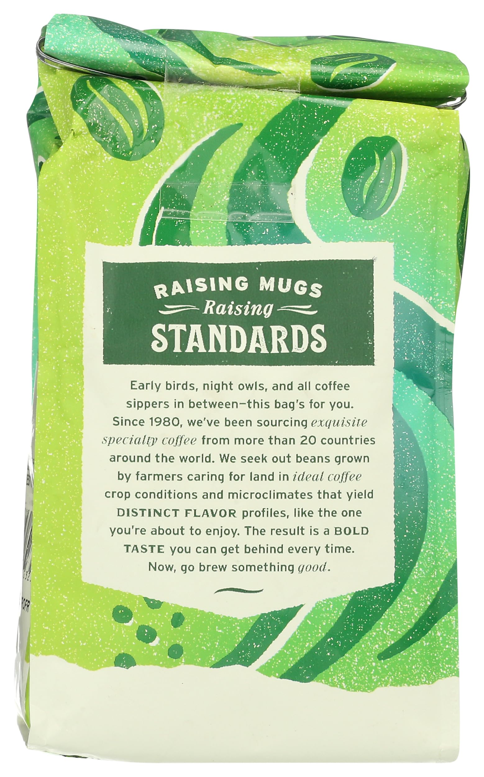 Whole Foods Market organic decaf ground coffee close-up highlighting aroma and notes.