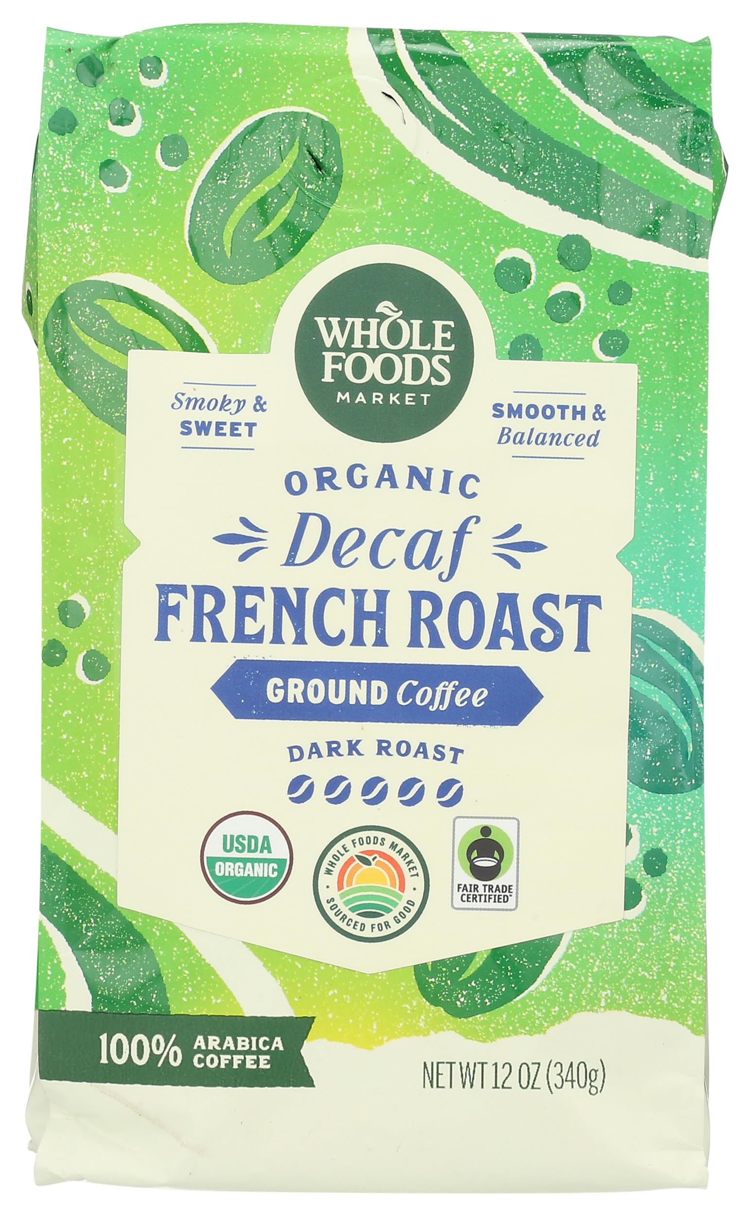 Whole Foods Market Organic Decaf Ground Coffee bag with dark French roast for convenient home brewing.