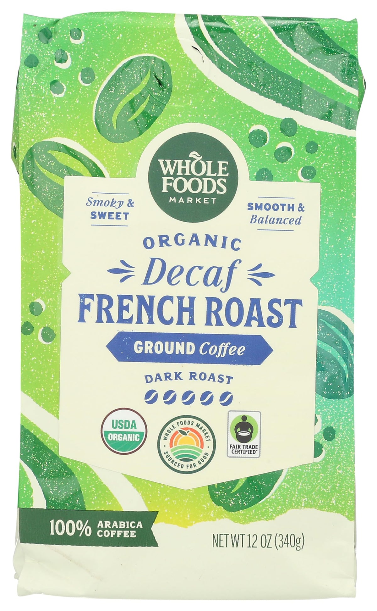 Whole Foods Market Organic Decaf Ground Coffee bag with dark French roast for convenient home brewing.