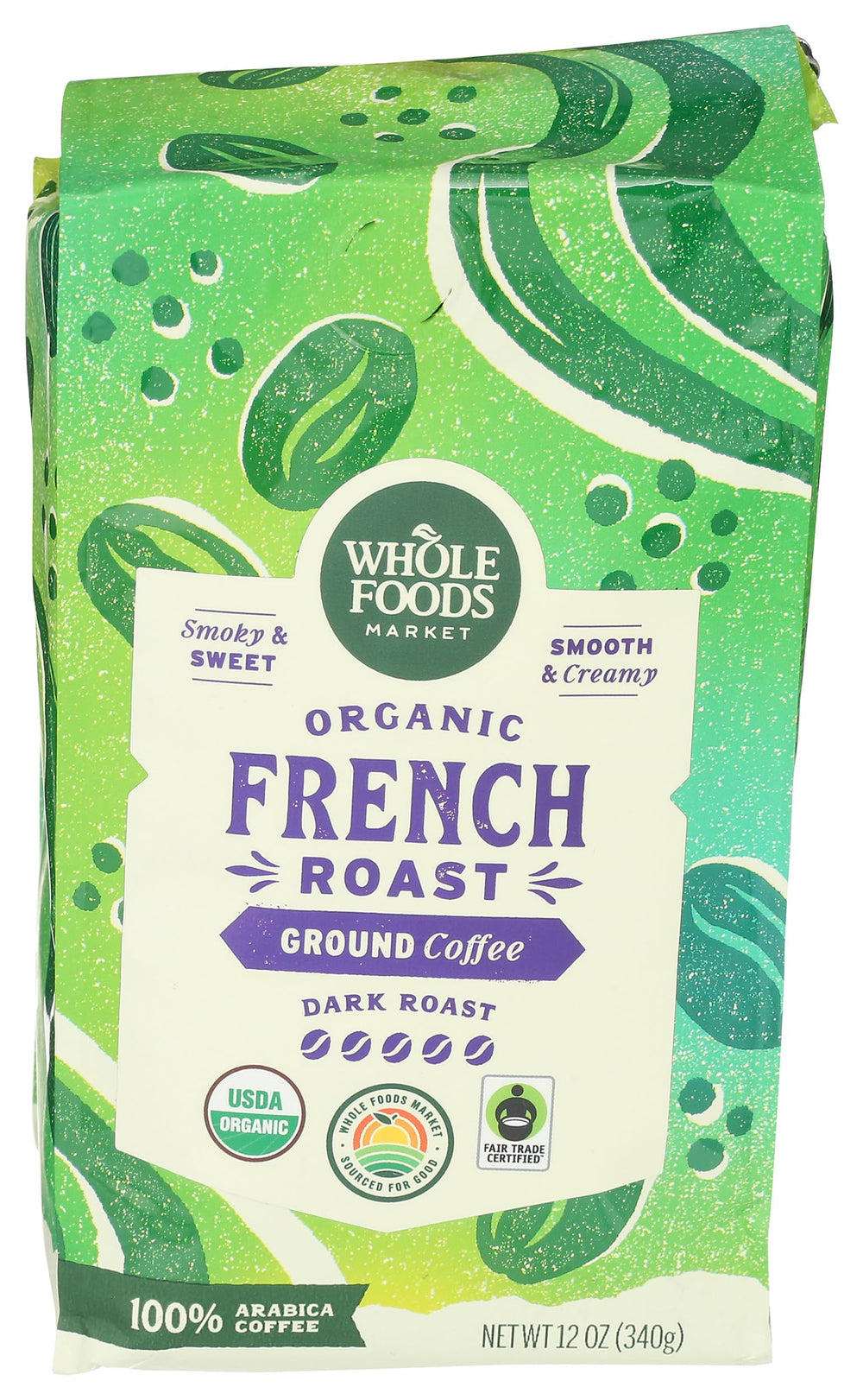 Whole Foods Market organic ground coffee bag showing dark French roast for a rich morning brew
