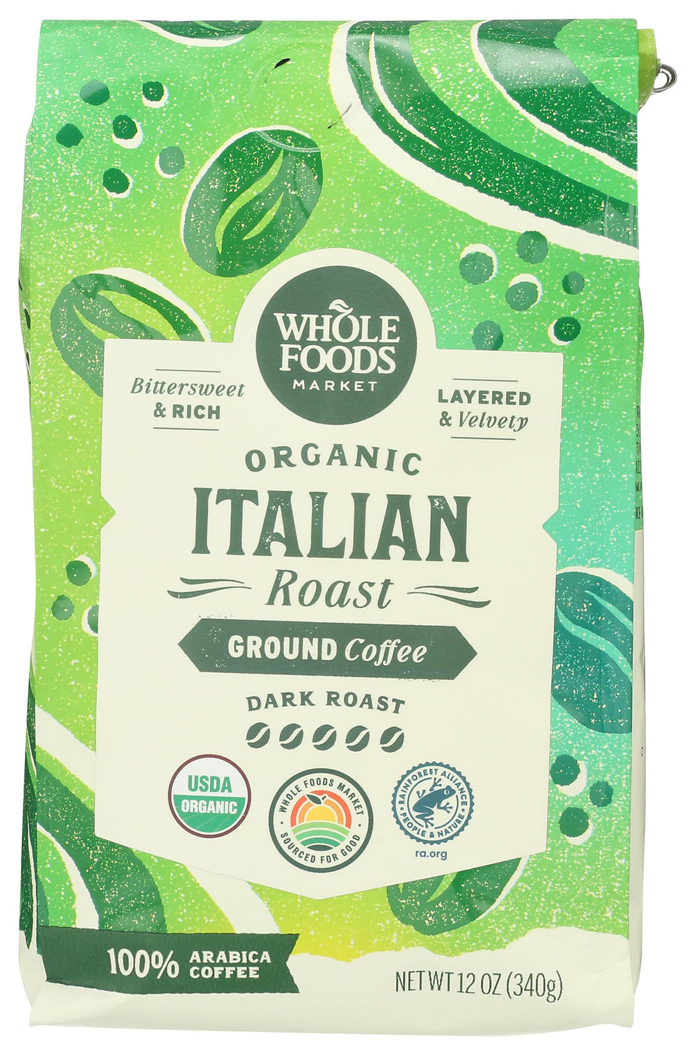 Whole Foods Market Organic Ground Coffee dark Italian roast bag pour for quick morning brew