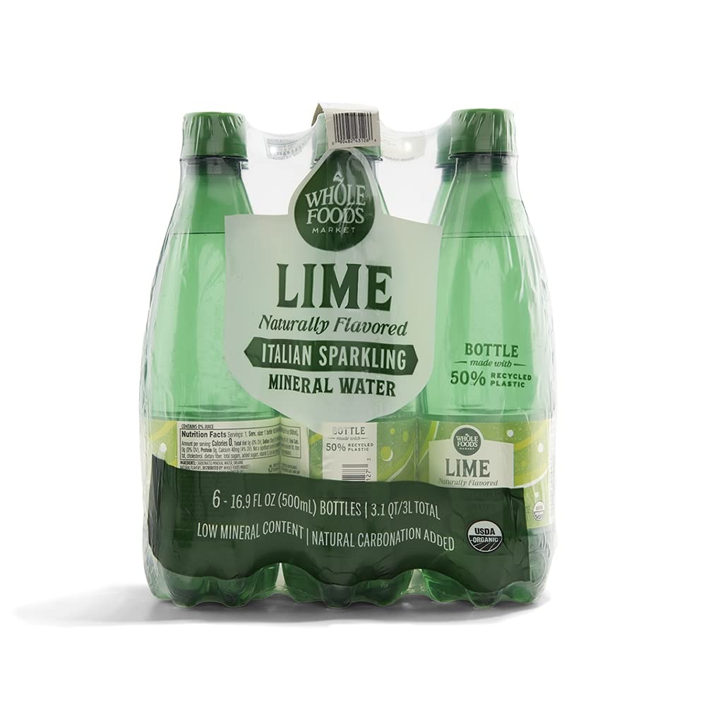 Whole Foods Market Organic Italian Lime Sparkling Water bottle highlights refreshing citrus notes.
