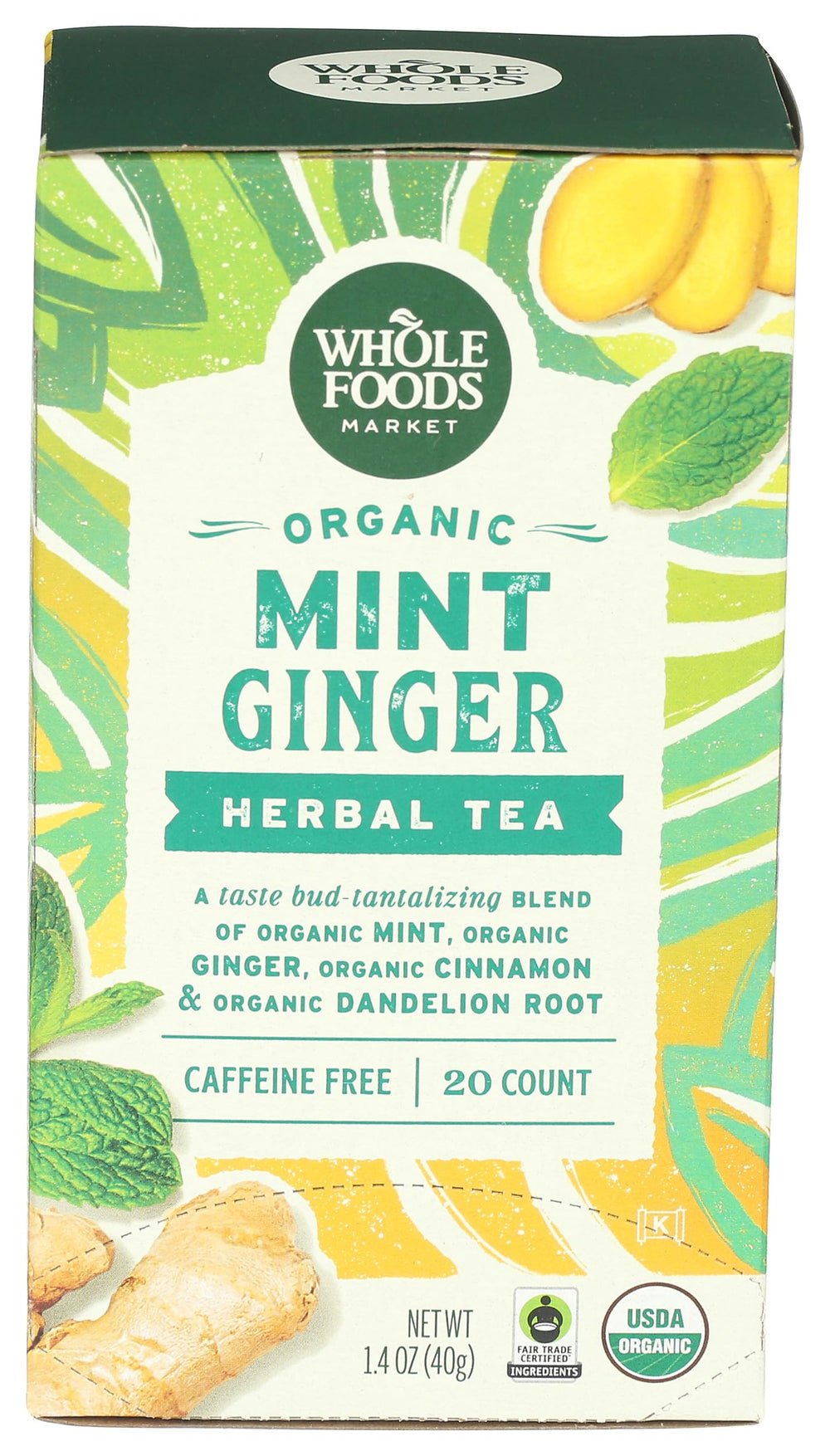 Whole Foods Market organic mint-ginger tea bags ready for a caffeine-free brew
