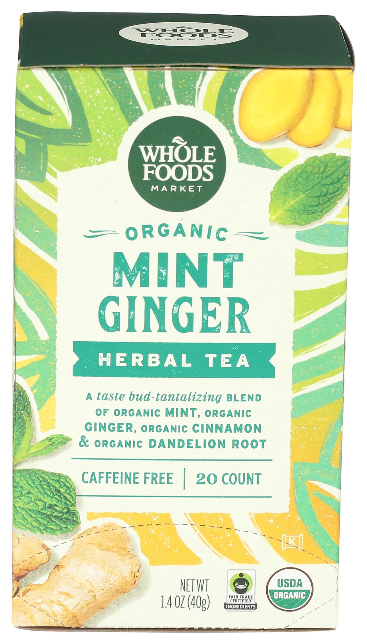 Whole Foods Market organic mint-ginger tea bags ready for a caffeine-free brew