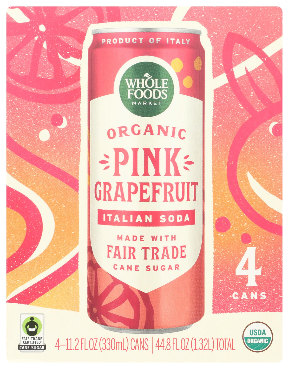 Whole Foods Market Organic Pink Grapefruit Italian Soda bottle front view, refreshing option for gatherings.