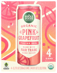Whole Foods Market Organic Pink Grapefruit Italian Soda bottle front view, refreshing option for gatherings.