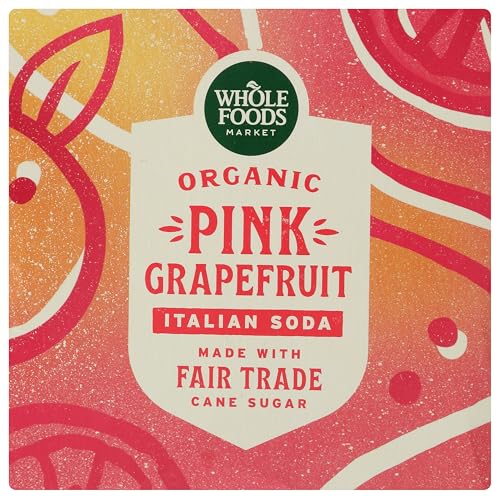 Whole Foods Market Organic Pink Grapefruit Italian Soda glass serving with ice suggests bright, citrusy refreshment.