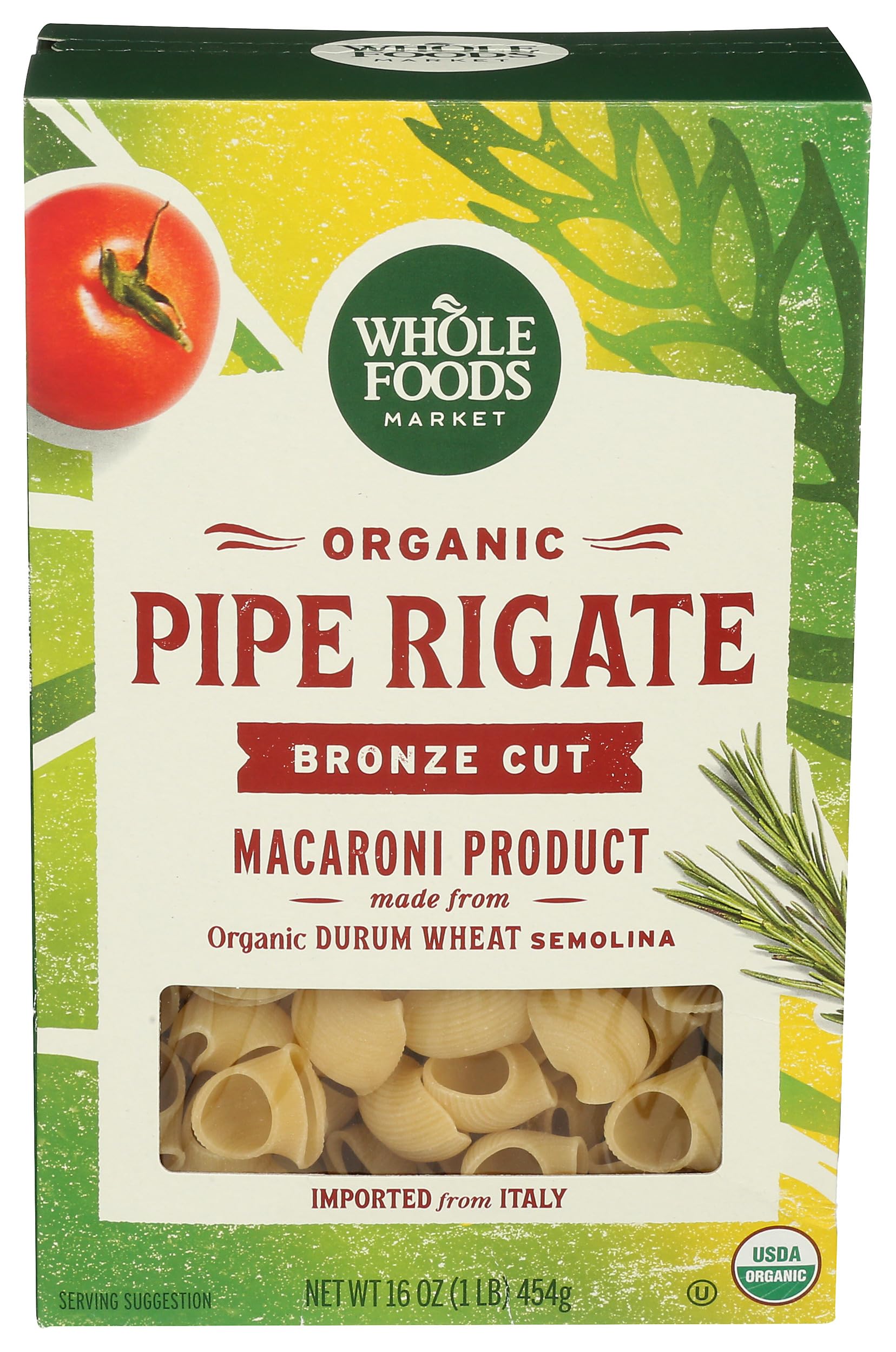 Whole Foods Market Organic Pipe Rigate 16oz front view with bronze-cut texture enhances sauce cling.