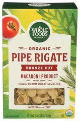 Whole Foods Market Organic Pipe Rigate 16oz front view with bronze-cut texture enhances sauce cling.