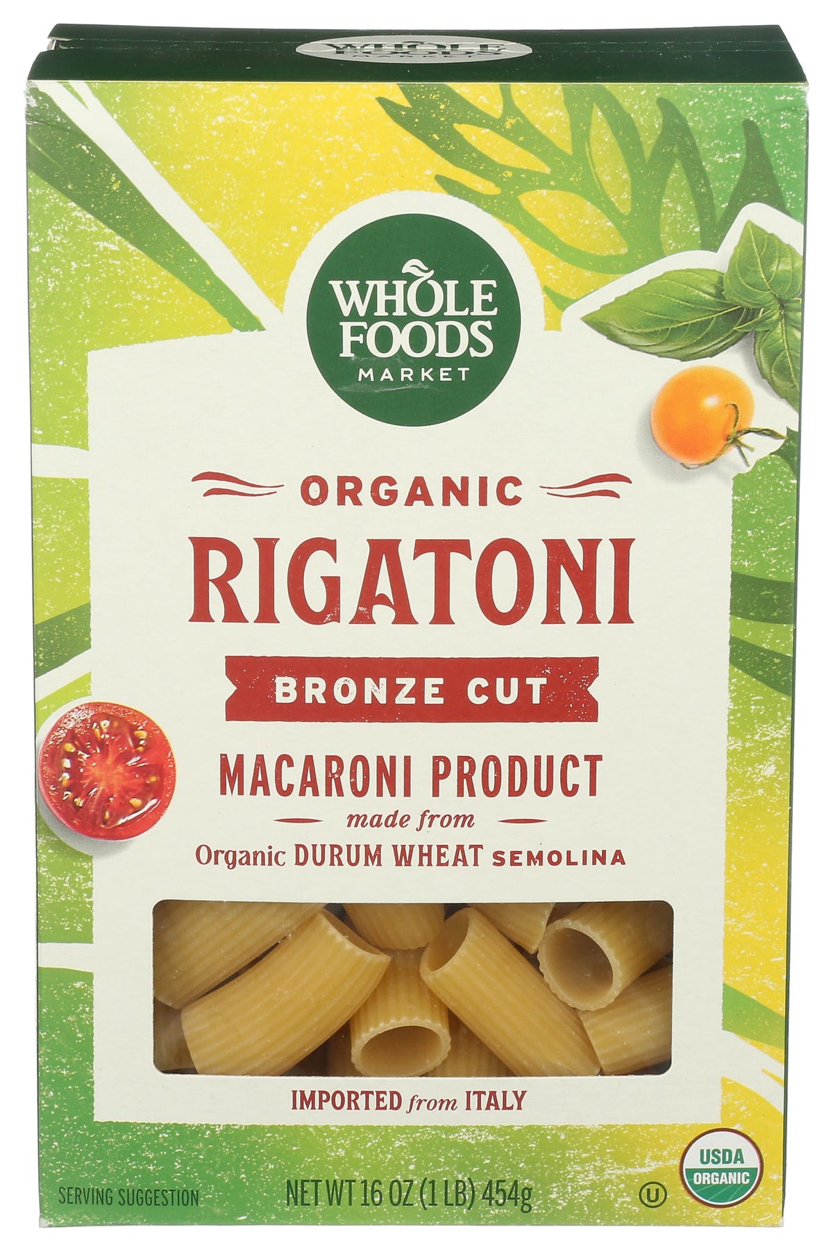 Whole Foods Market Organic Rigatoni packaging shows a 16-ounce bag ready for weeknight meals.