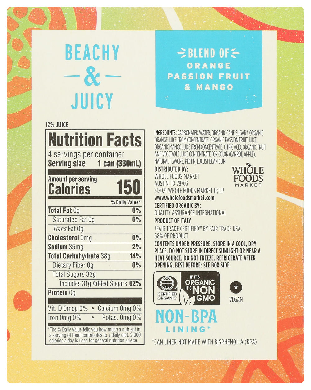 Whole Foods Market Organic Tropical Blend Italian Soda four-pack for convenient, shareable refreshment.