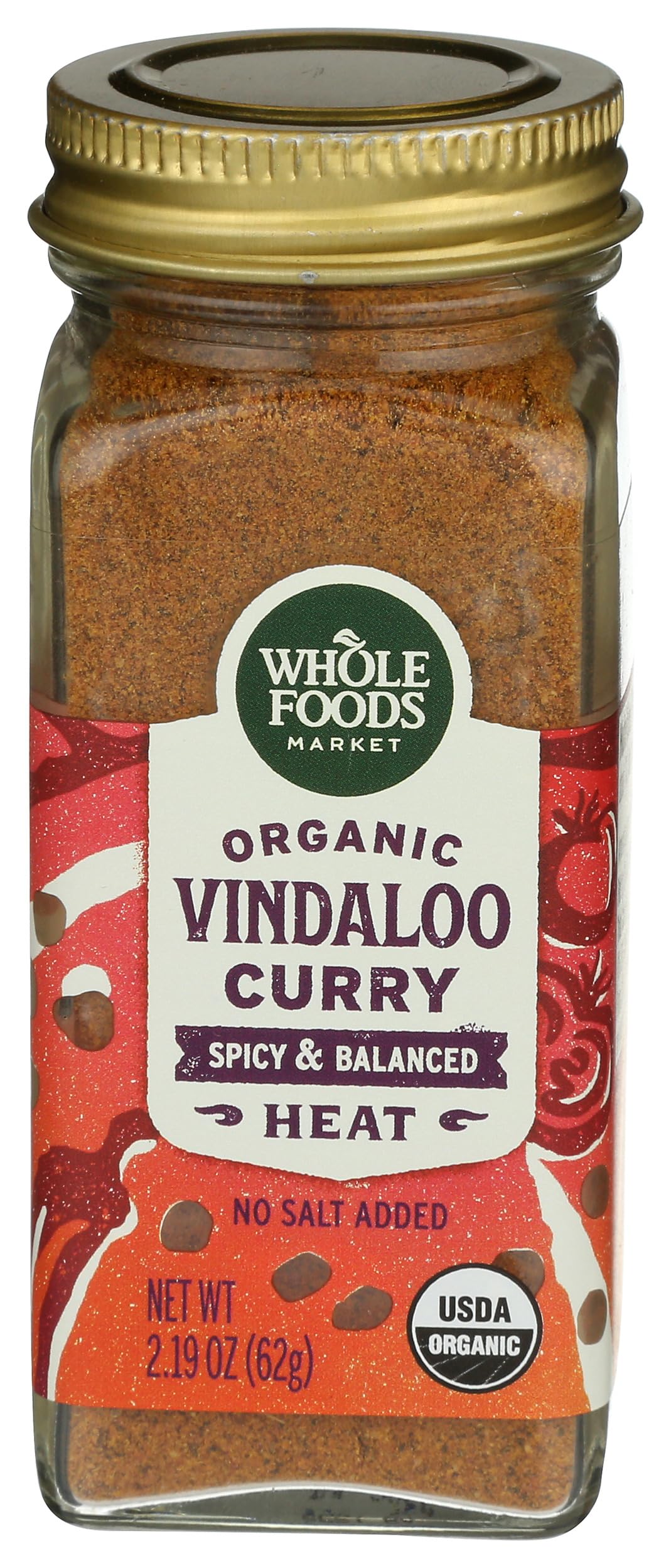Whole Foods Market Organic Vindaloo Curry Seasoning jar for bold fiery flavor