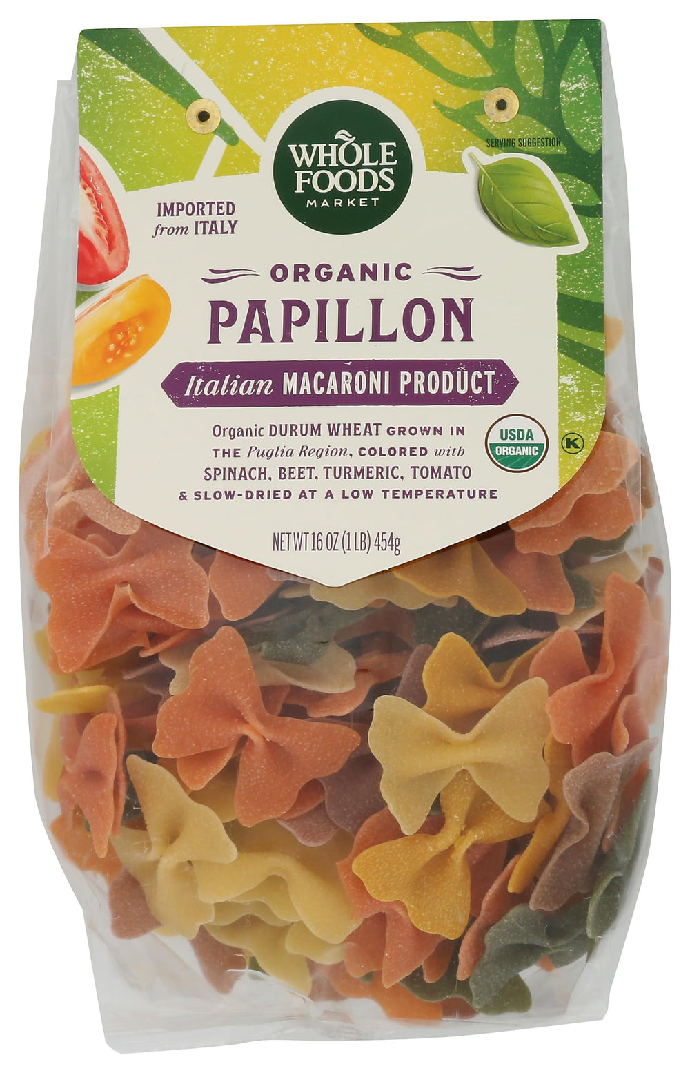 Whole Foods Market Papillon pasta with roots and vegetables, ideal for veggie-forward meals.