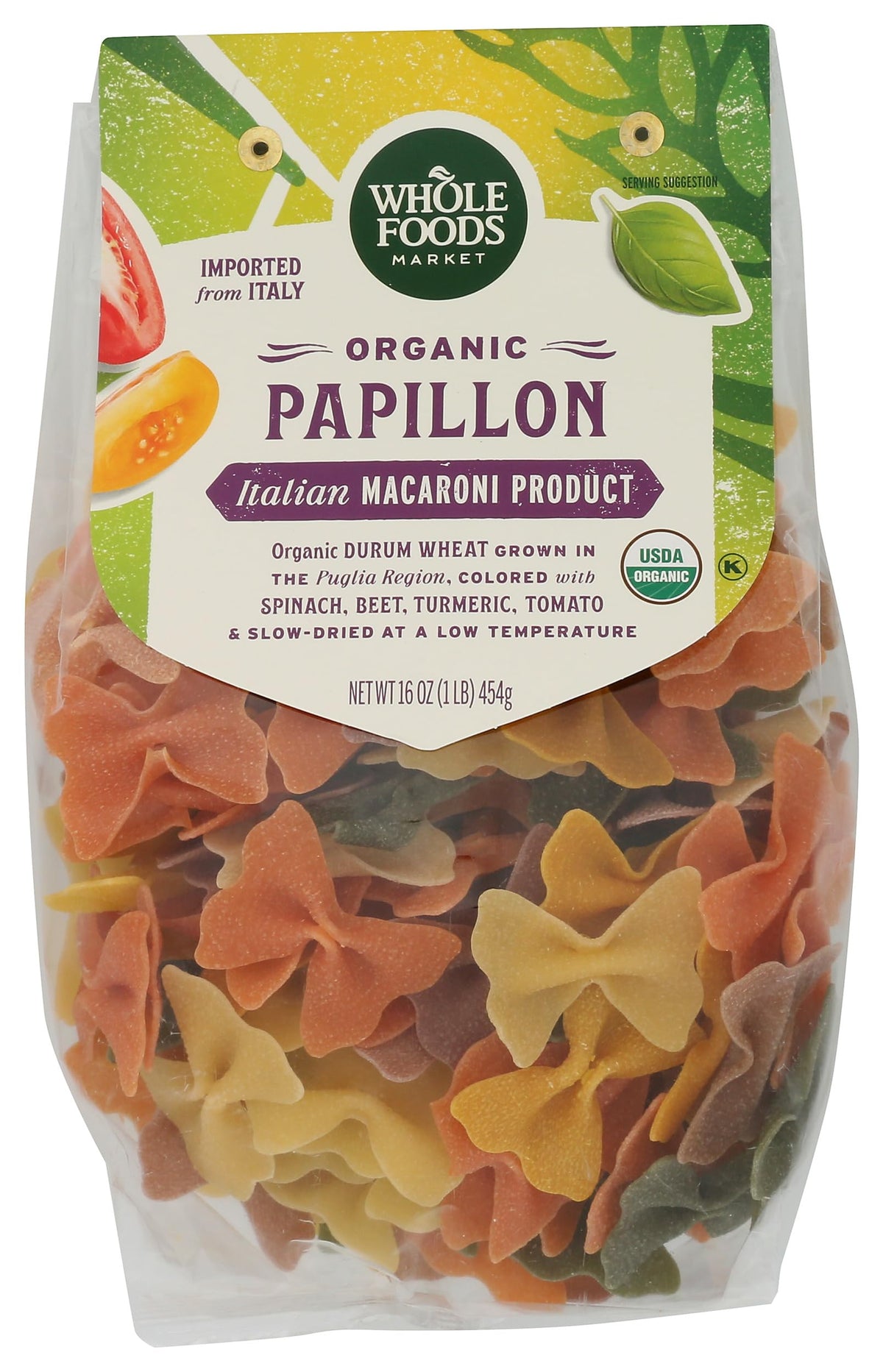 Whole Foods Market Papillon pasta with roots and vegetables, ideal for veggie-forward meals.