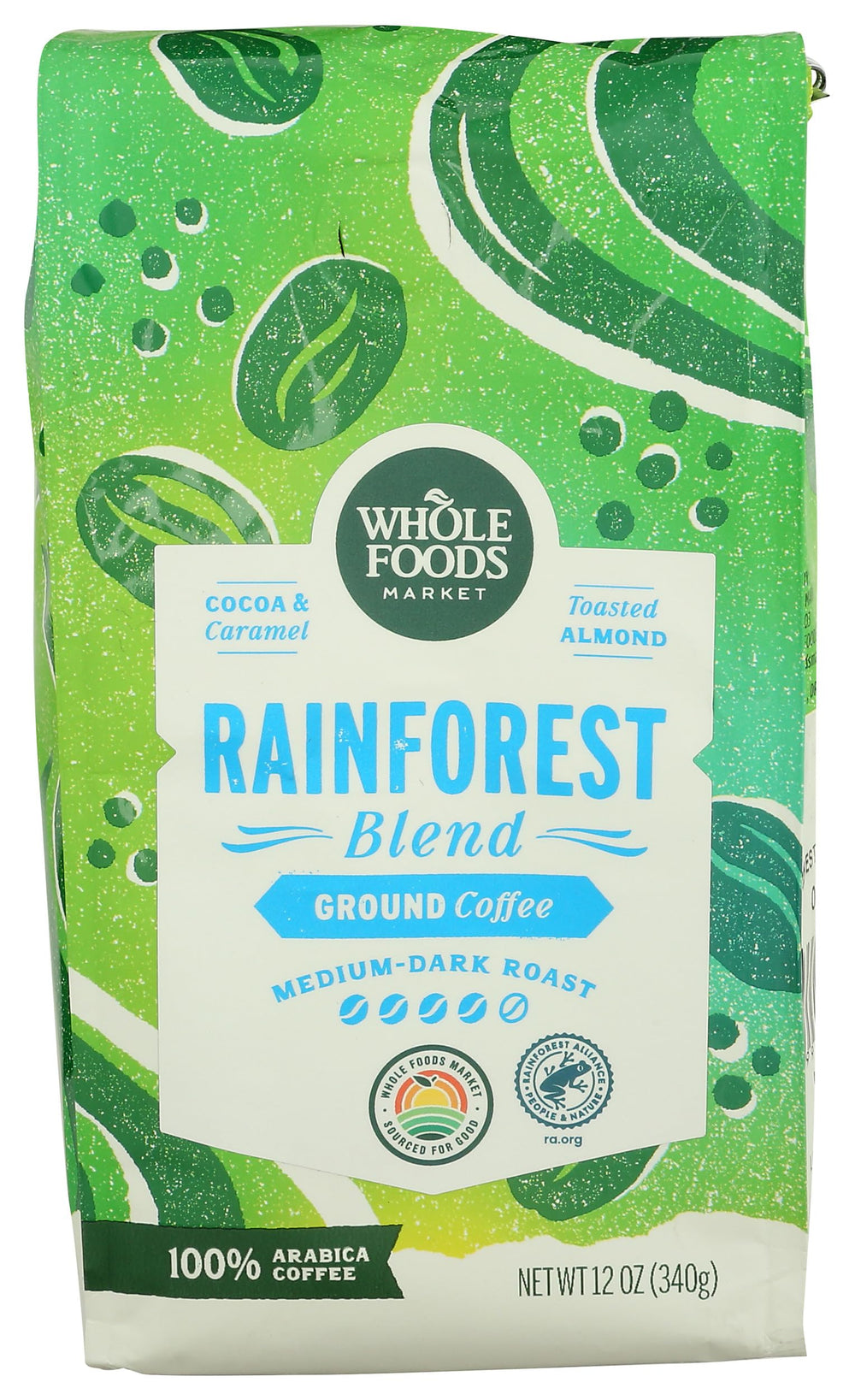 Whole Foods Market Rainforest Blend ground coffee 12oz bag for easy morning drip.