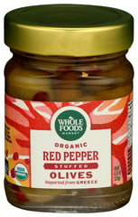Whole Foods Market organic red pepper stuffed olives in a pack, ideal for antipasti.