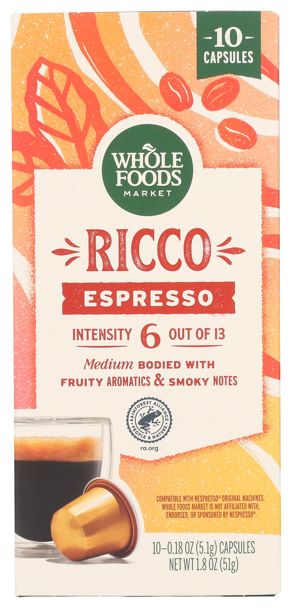 Whole Foods Market Ricco Espresso Pods packaging highlighting recyclable packaging for sustainability