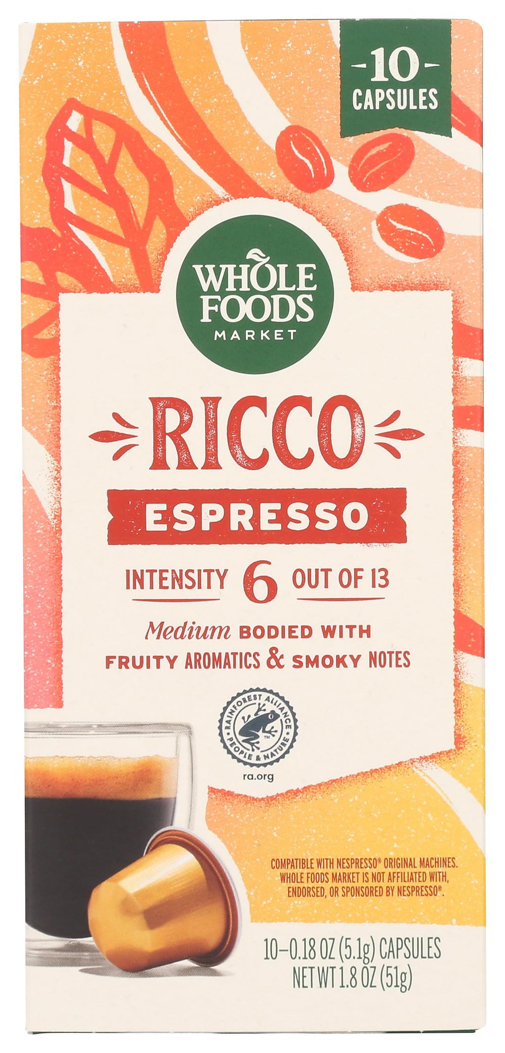 Whole Foods Market Ricco Espresso Pods packaging highlighting recyclable packaging for sustainability