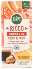Whole Foods Market Ricco Espresso Pods packaging highlighting recyclable packaging for sustainability