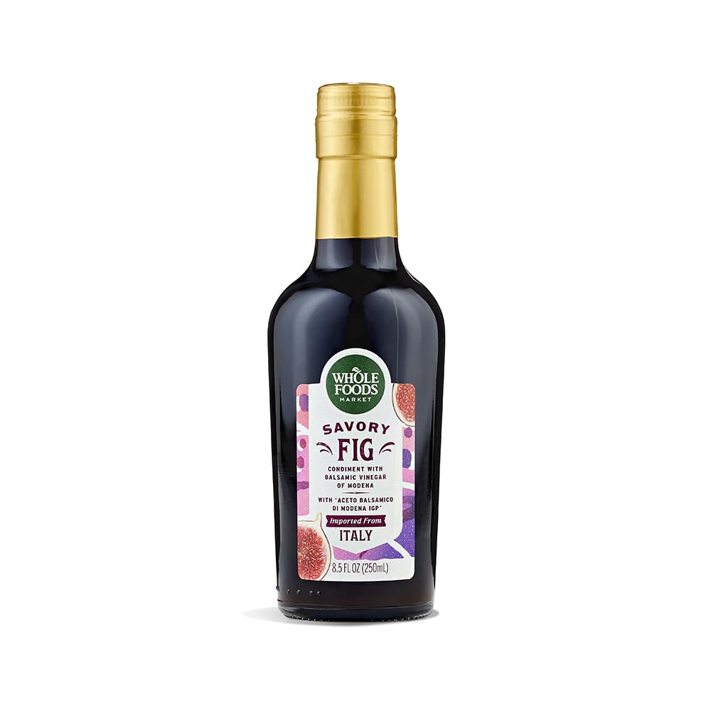 Whole Foods Market savory fig condiment bottle label highlights premium balsamic base for versatile finishing.
