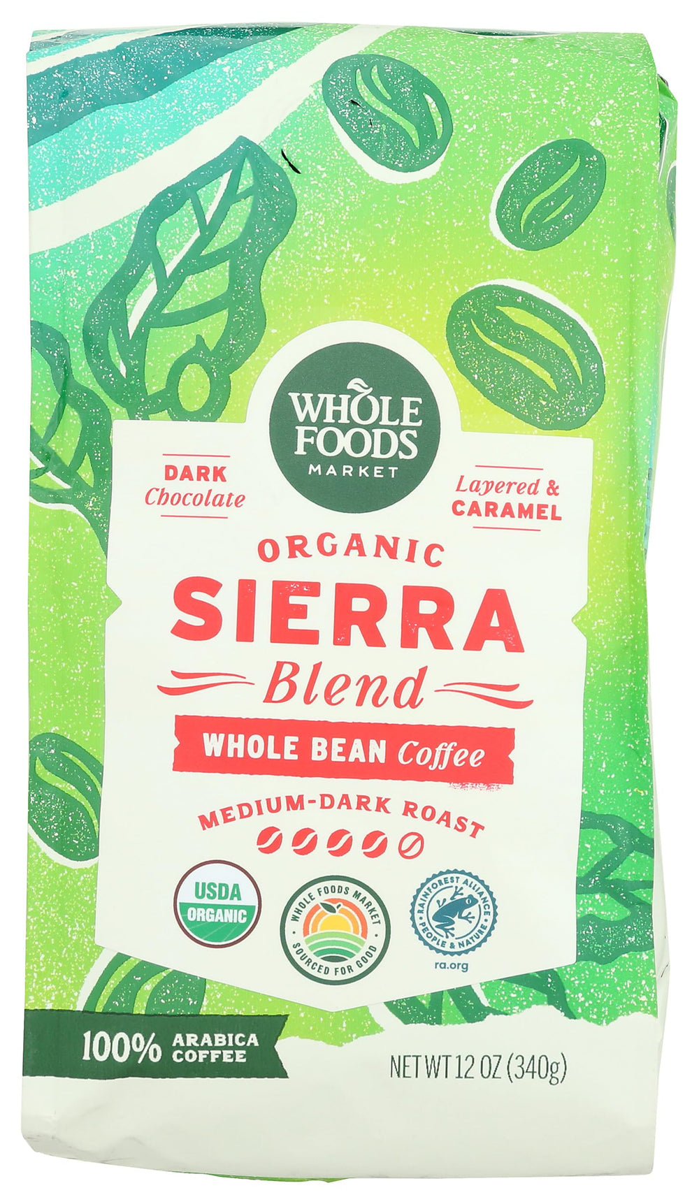 Whole Foods Market Sierra Blend coffee bag with fresh organic beans for a smooth morning brew