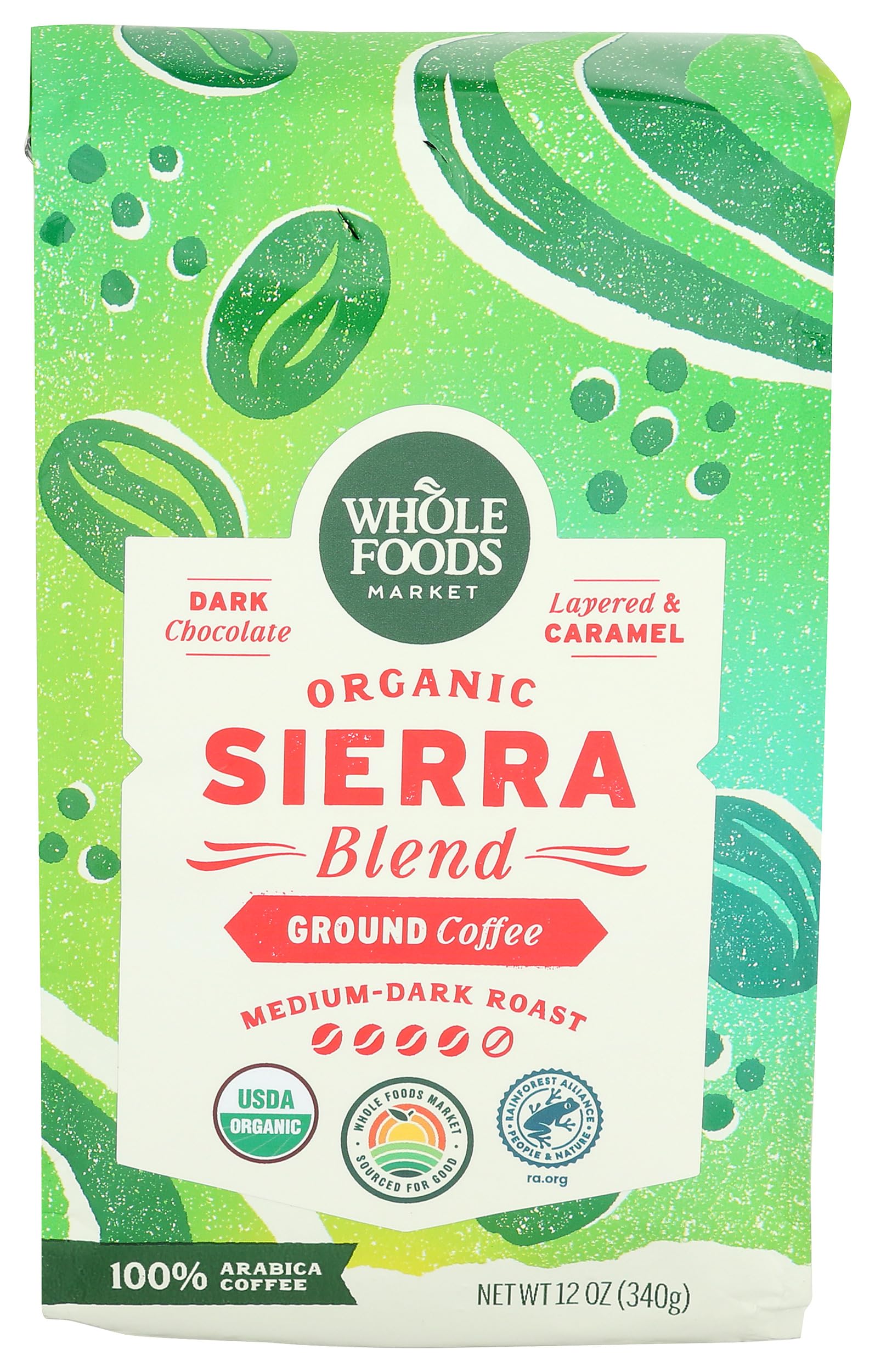 Whole Foods Market Sierra Blend ground coffee bag with resealable closure for freshness