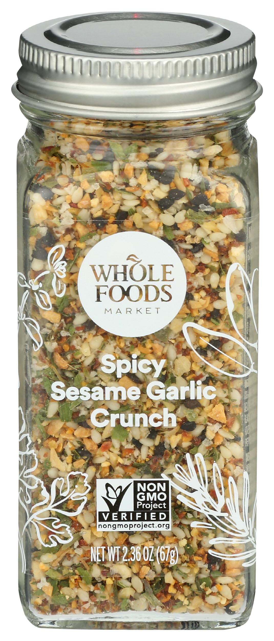 Bottle of Whole Foods Market Spicy Sesame Garlic Crunch showing bold flavor for meals