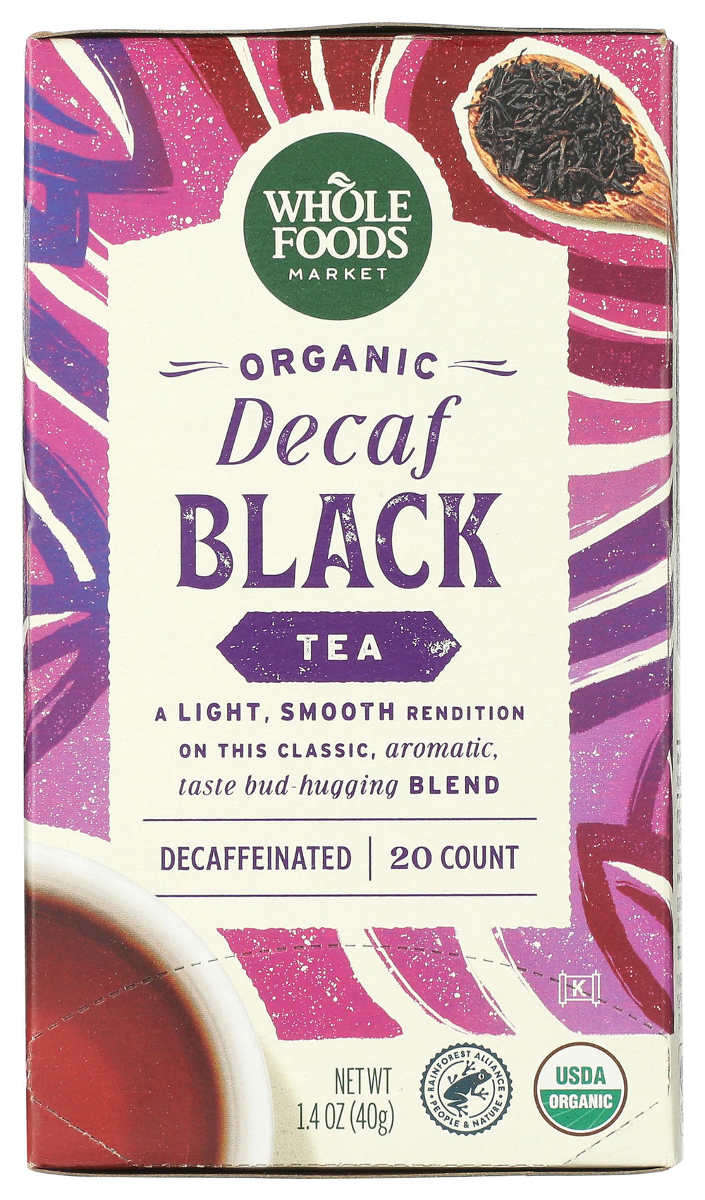 Whole Foods Market black decaf organic tea pack for relaxing evenings