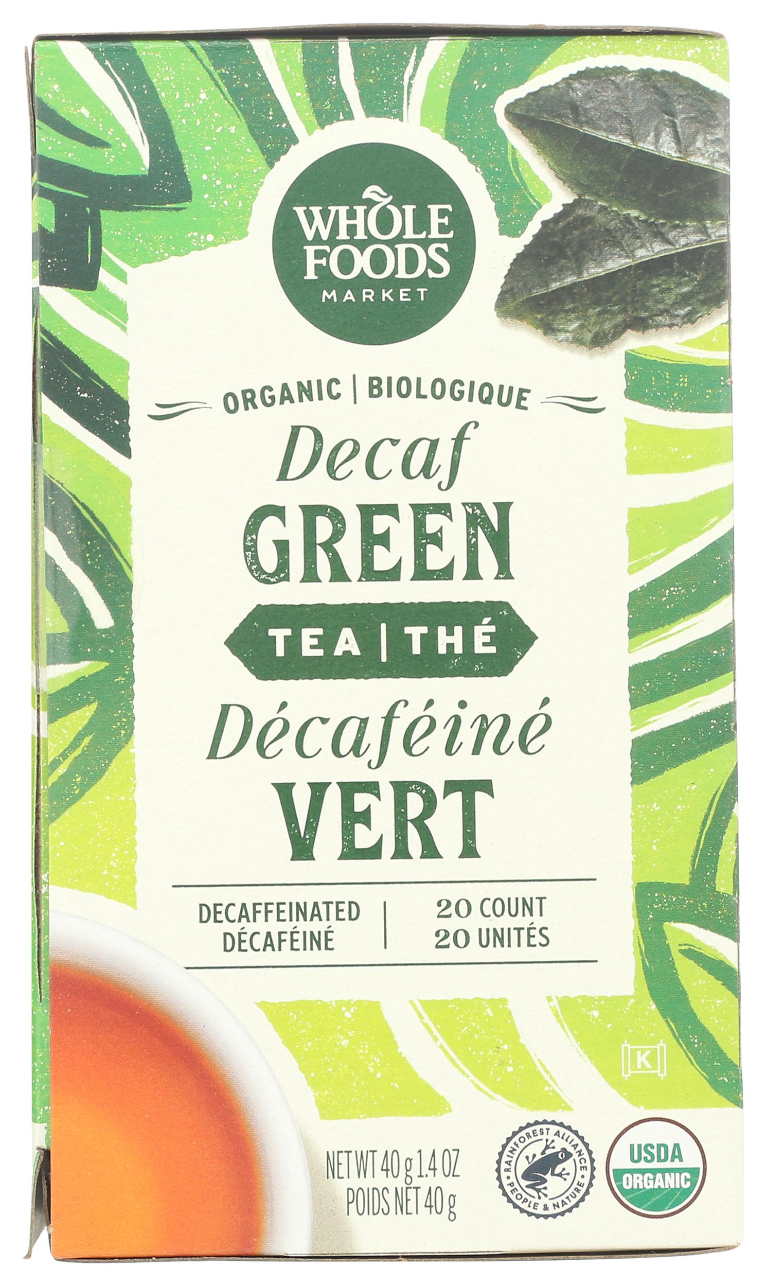 A Whole Foods Market green decaf cup reveals smooth, mild flavor for relaxing moments.