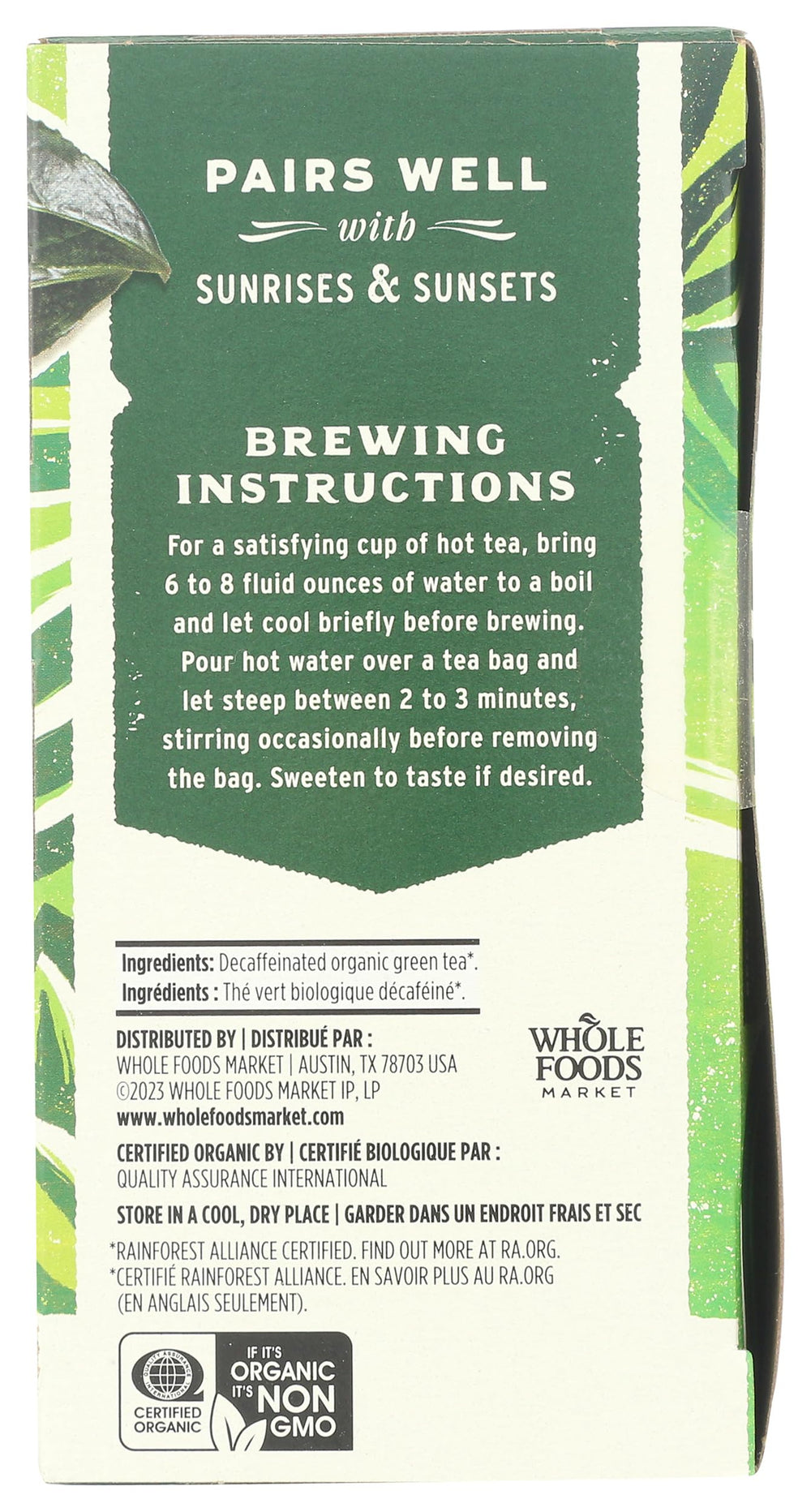 A close-up of the organic green tea bags showcasing certified organic quality.